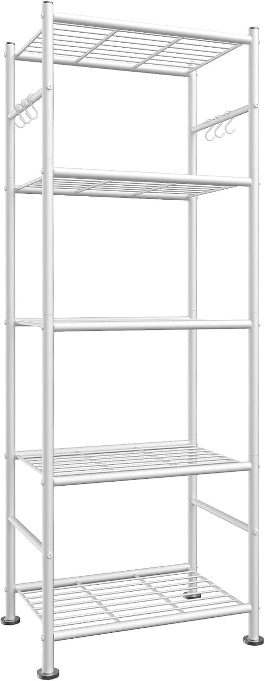 Sakugi 5T Storage Rack Organizer with Hooks, Heavy Duty Metal Garage Rack with Leveling Feet, Freestanding Utility Rack for Bedroom, Balcony and Garage, 18.1"×12.4"×56.8", White