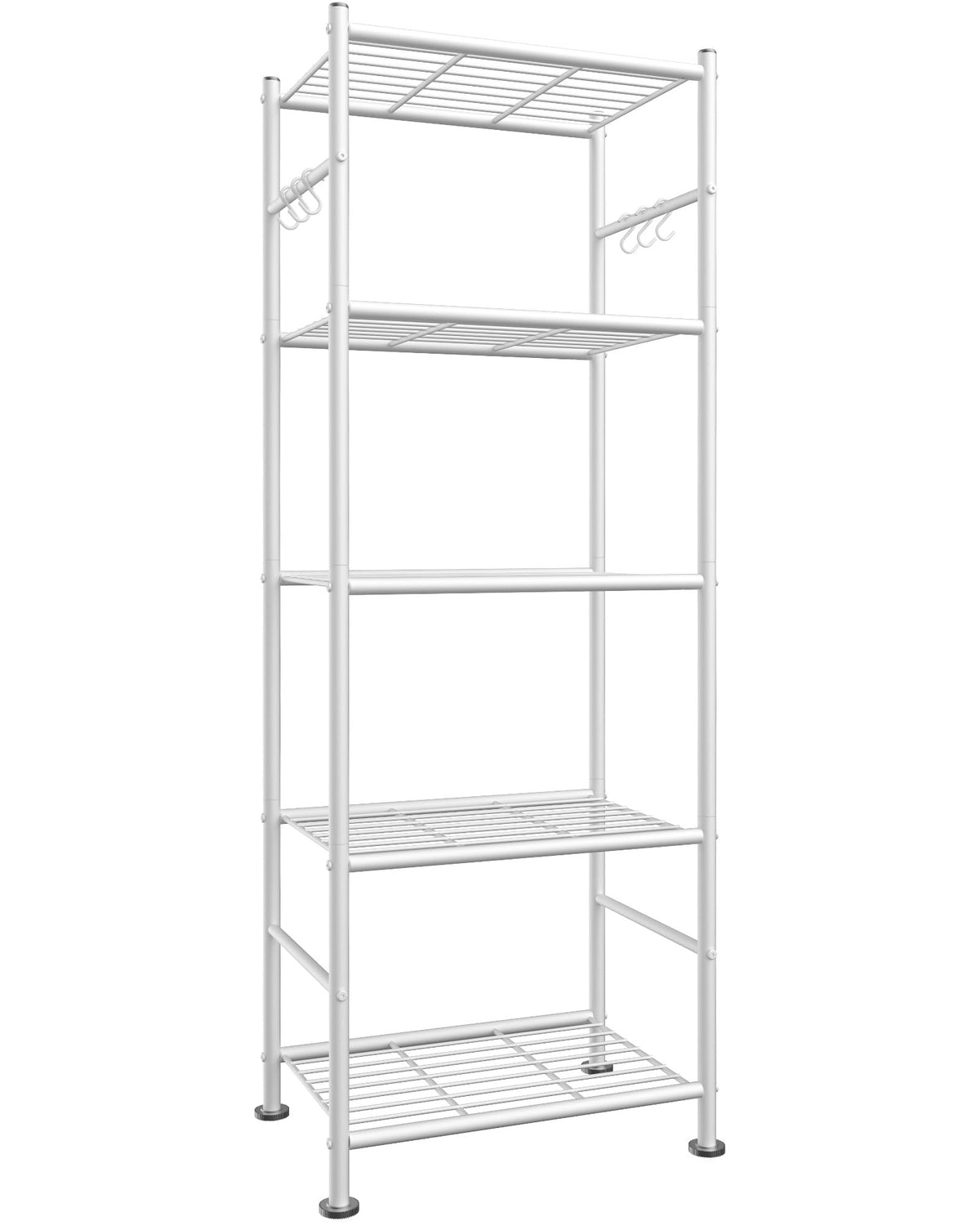 Sakugi 5T Storage Rack Organizer with Hooks, Heavy Duty Metal Garage Rack with Leveling Feet, Freestanding Utility Rack for Bedroom, Balcony and Garage, 18.1"×12.4"×56.8", White