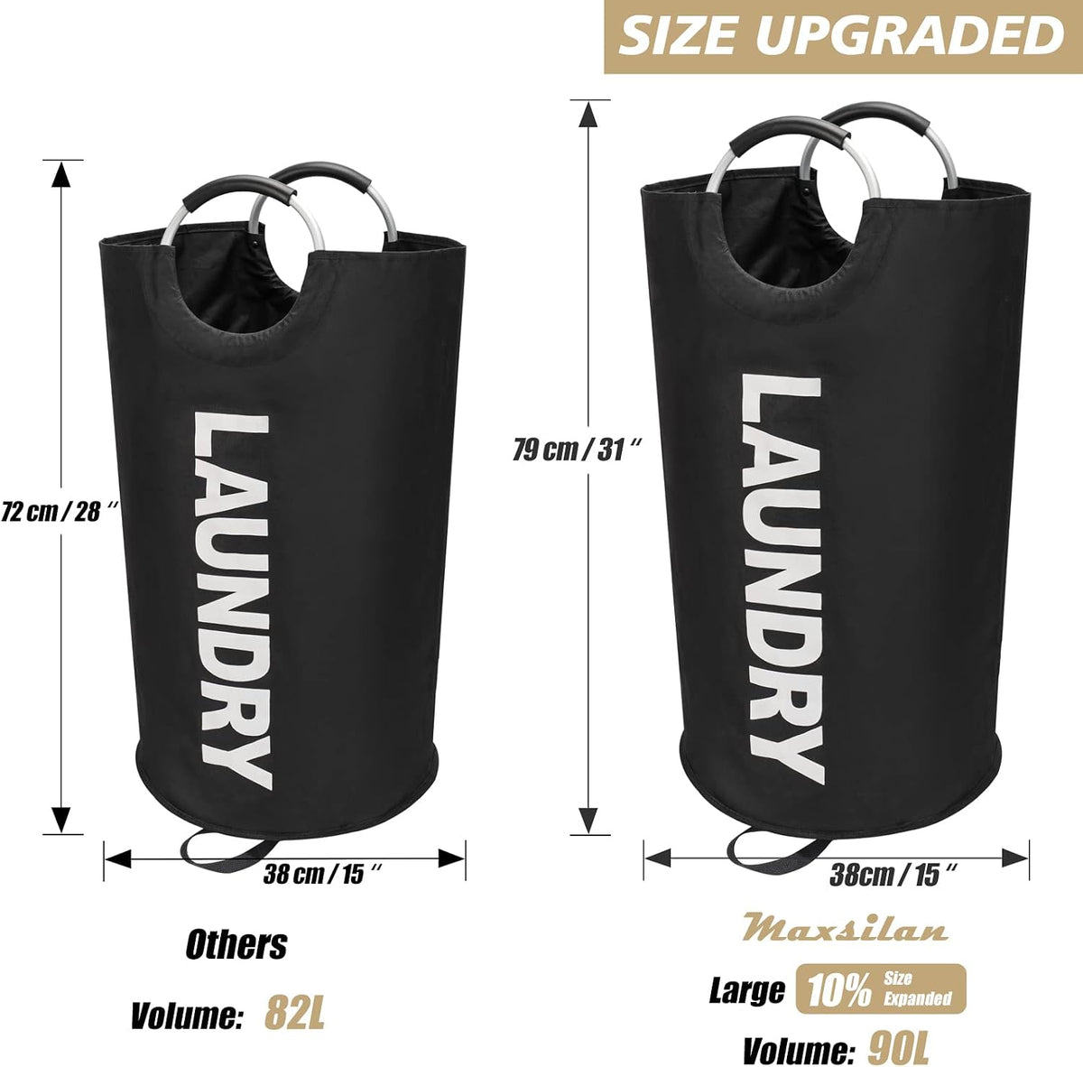 Maxsilan 90L Large Laundry Basket Bag, Collapsible Tall Hamper, Black