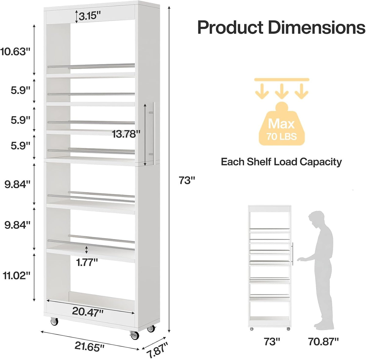 Tribesigns 73" Tall Slim Storage Cart on Rubber Wheels, 7-Tier Narrow Pantry Cabinet, Rolling Skinny Spice Rack Organizer Next to Fridge, Wooden Pull-Out Storage Shelf for Kitchen Small Spaces, White