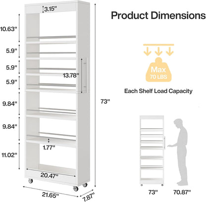 Tribesigns 73" Tall Slim Storage Cart on Rubber Wheels, 7-Tier Narrow Pantry Cabinet, Rolling Skinny Spice Rack Organizer Next to Fridge, Wooden Pull-Out Storage Shelf for Kitchen Small Spaces, White