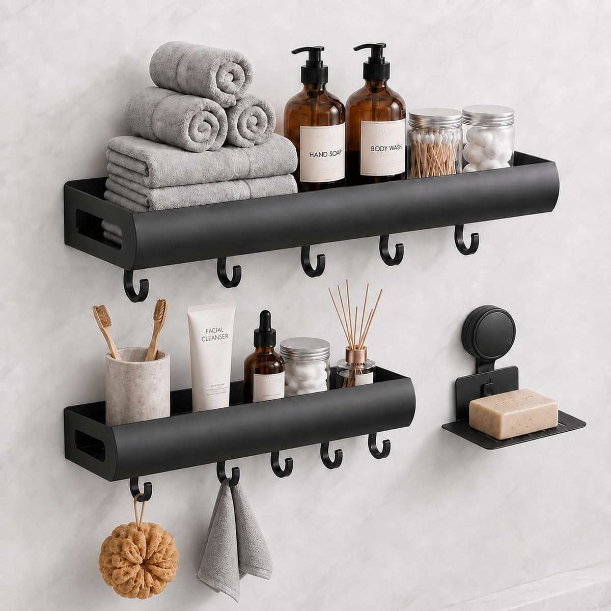 Adhesive Shower Shelf, 3 Pack Suction Cup Shower Caddy with Hooks, Black