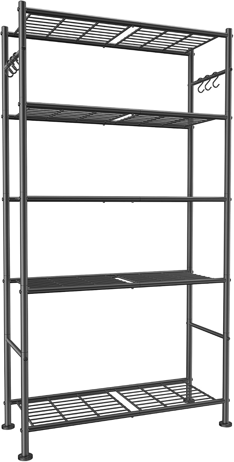 Sakugi 5T Storage Rack Organizer with Hooks, Heavy Duty Metal Garage Rack with Leveling Feet, Freestanding Utility Rack for Bedroom, Balcony and Garage, 18.1"×12.4"×56.8", White