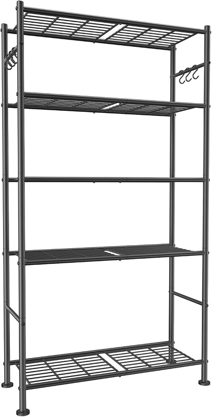 Sakugi 5T Storage Rack Organizer with Hooks, Heavy Duty Metal Garage Rack with Leveling Feet, Freestanding Utility Rack for Bedroom, Balcony and Garage, 18.1"×12.4"×56.8", White