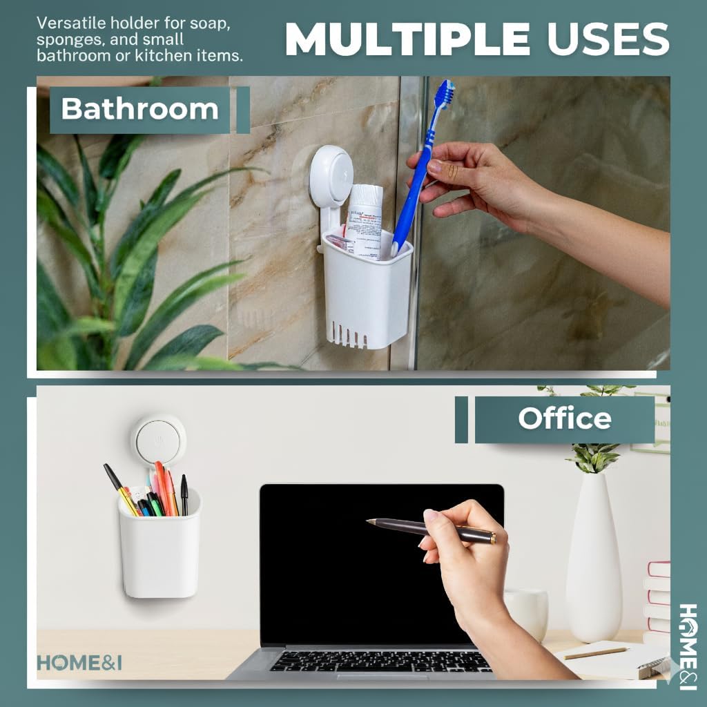 HOME&I Suction Cup Toothbrush Holder for Shower Wall, Drill-Free Self-Draining Bathroom Organizer, Removable Wall Mounted Storage for Toothpaste, Razor & Accessories