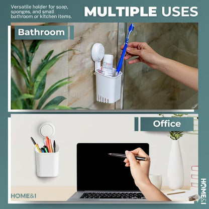HOME&I Suction Cup Toothbrush Holder for Shower Wall, Drill-Free Self-Draining Bathroom Organizer, Removable Wall Mounted Storage for Toothpaste, Razor & Accessories