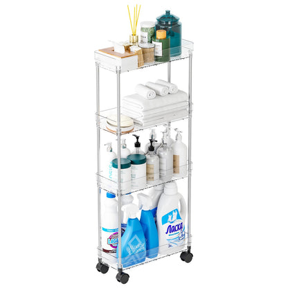 Yieach Clear 4 Tier Slim Rolling Storage Cart with Wheels,6.3″W Thin Shelf,Bathroom Storage Cabinet,Skinny Laundry Cart,Narrow Laundry Room Cart Between Washer and Dryer,Skinny Shelves for Small Space