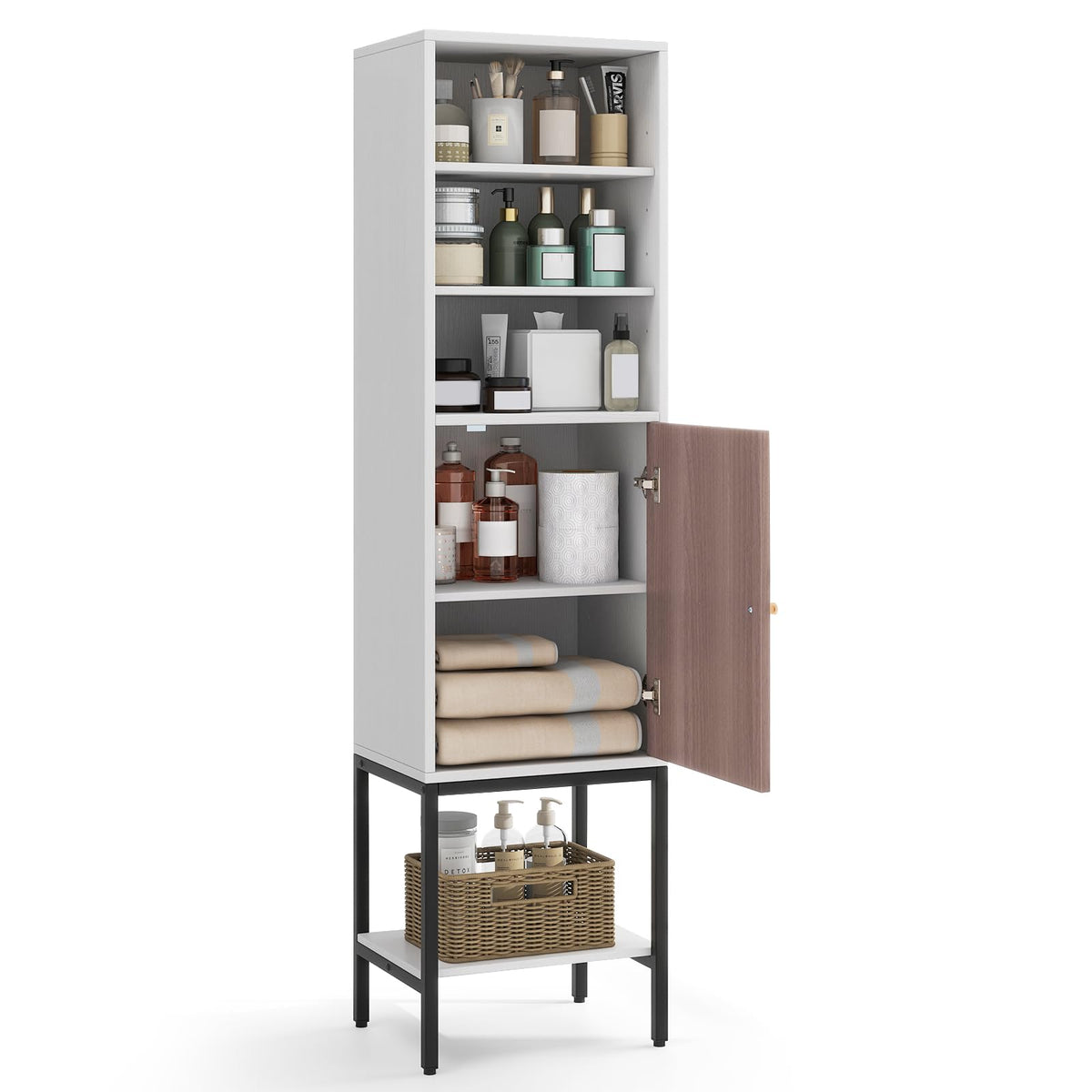Tangkula Tall Bathroom Storage Cabinet with 1 Door and 4 Shelves, 57" H Narrow Floor Cabinet with Adjustable Shelves, Tall Slim Bathroom Cabinet for Living Room, Entryway, Kitchen (Black)