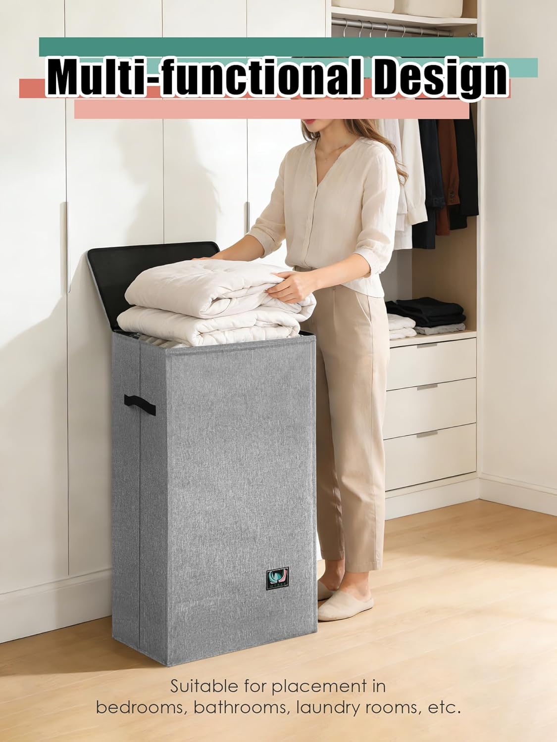 WTREE Laundry Hamper with Lid, Reinforced Sturdy Clothes Hamper with Anti-Puncture Base, Large Collapsible Laundry Basket with Removable Liner Bag, Tall Dirty Clothes Bin for Family, 100L Grey