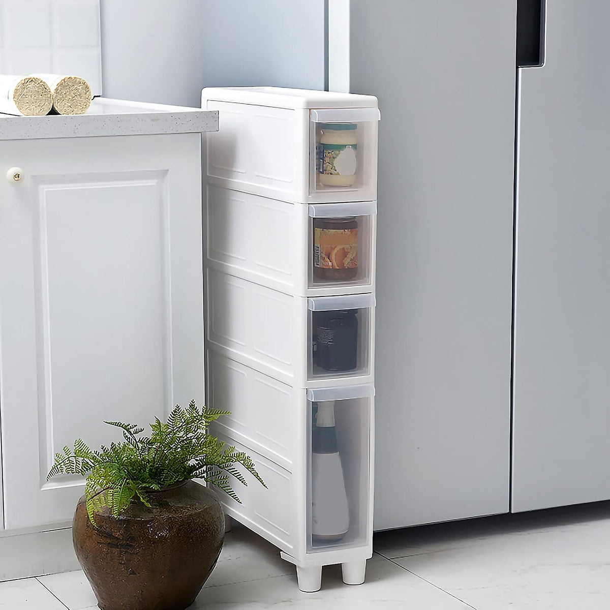 Narrow Tall Floor Cabinet for Bathroom, Vertical Storage Unit with 4 Clear Drawers and Casters, Slim Freestanding Narrow Dresser Tower Storage Drawer Cart, 14cm/22cm Width, Assembly Free