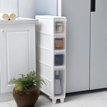 Narrow Tall Floor Cabinet for Bathroom, Vertical Storage Unit with 4 Clear Drawers and Casters, Slim Freestanding Narrow Dresser Tower Storage Drawer Cart, 14cm/22cm Width, Assembly Free
