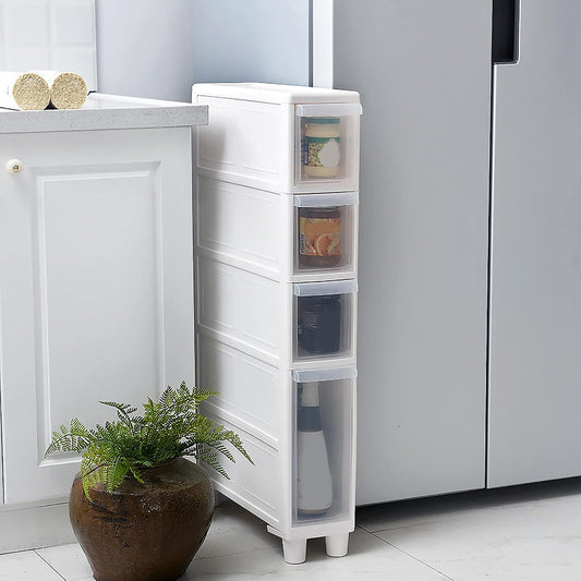 Narrow Tall Floor Cabinet for Bathroom, Vertical Storage Unit with 4 Clear Drawers and Casters, Slim Freestanding Narrow Dresser Tower Storage Drawer Cart, 14cm/22cm Width, Assembly Free