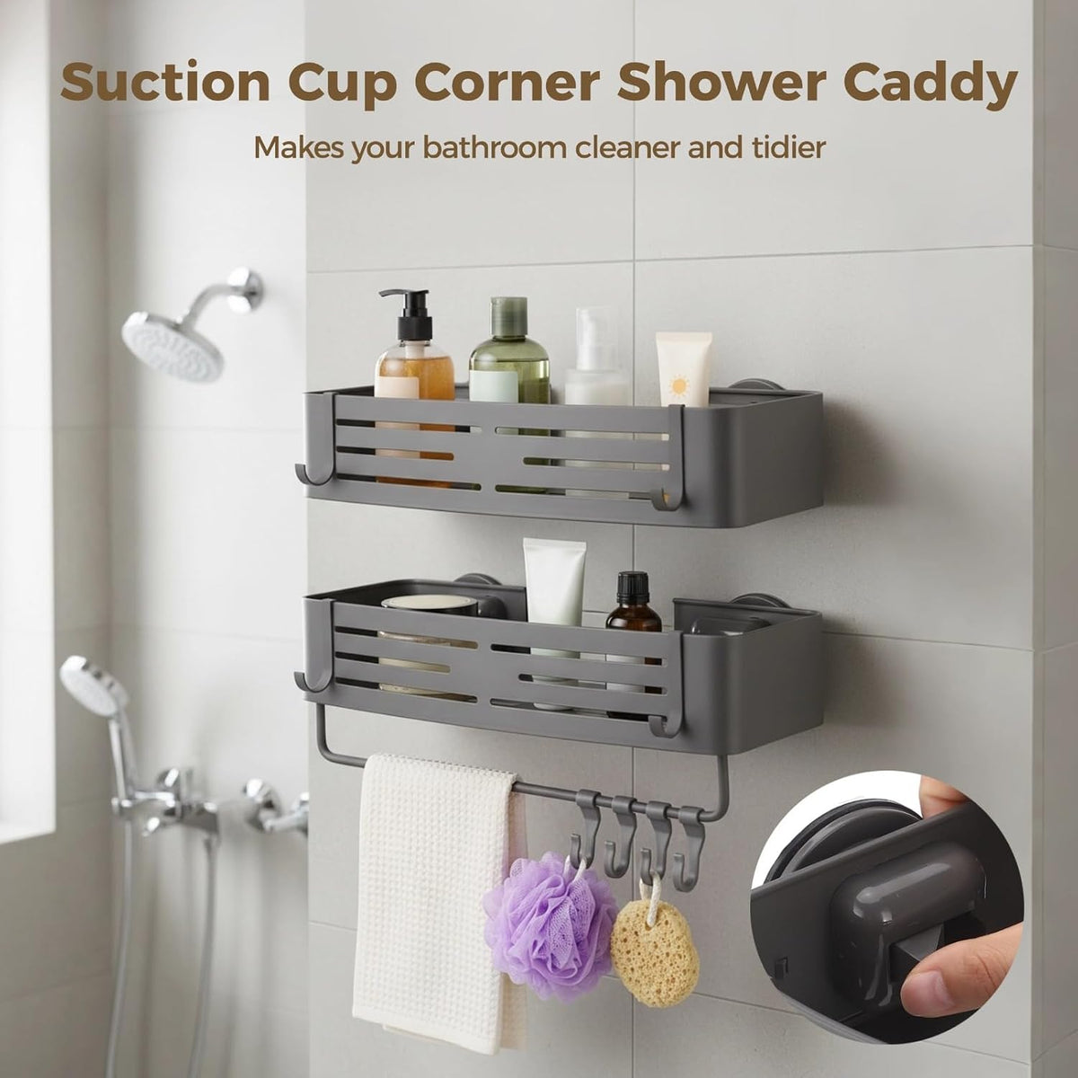 2 Pcs Square Shower Caddy, Double-Layer Suction Cup No-Drilling Aluminum Organizer, Gray Wall Mount Bathroom Shelves with Towel Bar & Hooks, Space-Saving for Shower & Kitchen
