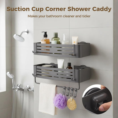 2 Pcs Square Shower Caddy, Double-Layer Suction Cup No-Drilling Aluminum Organizer, Gray Wall Mount Bathroom Shelves with Towel Bar & Hooks, Space-Saving for Shower & Kitchen