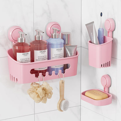 LEVERLOC Shower Caddy Suction Cup Set Shower Organizer & Soap Holder & Toothbrush Holder, Bathroom Shelf Basket NO-Drilling, Removable Suction Storage Waterproof Bathroom Caddy, White