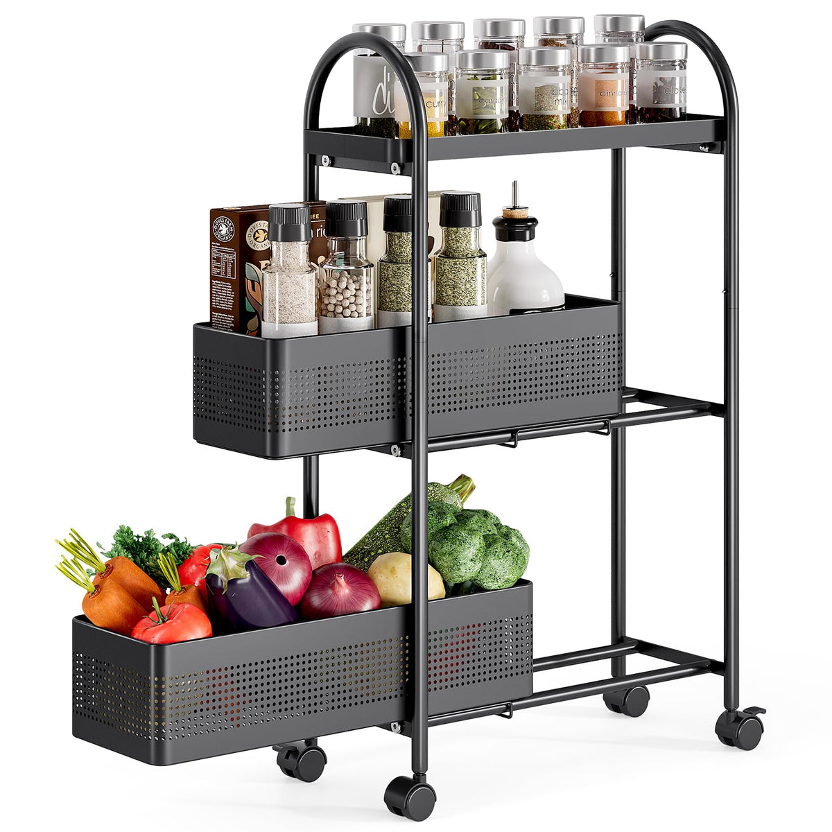 KINGRACK 4 Tier Slim Rolling Cart with Drawer, Metal Utility Storage Cart