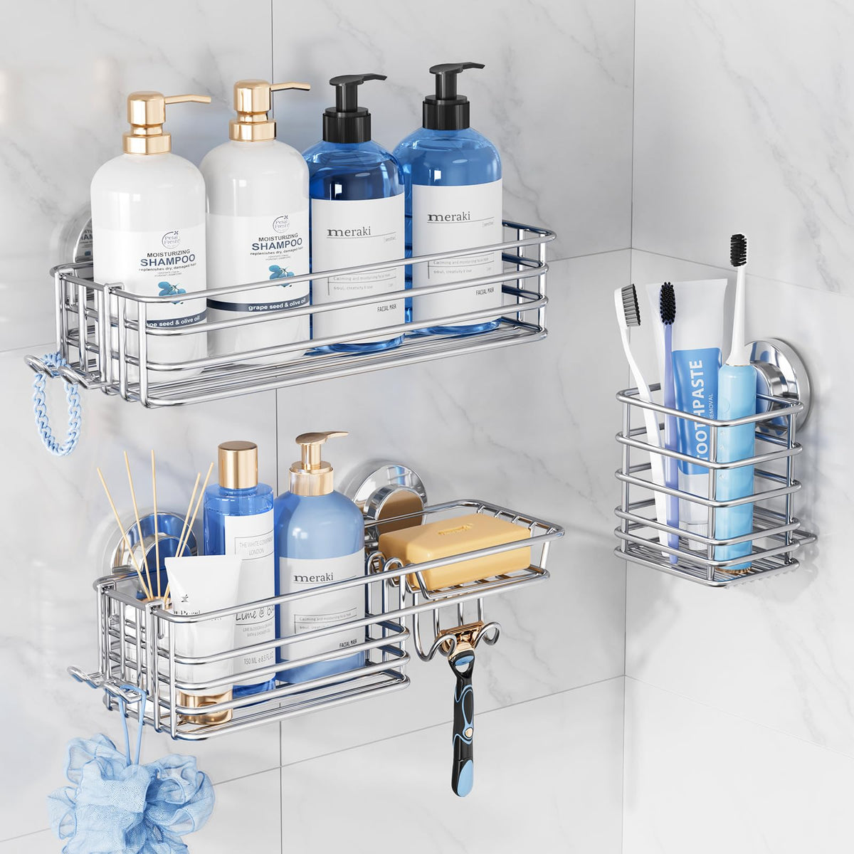 TAILI Shower Caddy Suction Cup with Hooks and Soap holder, Black