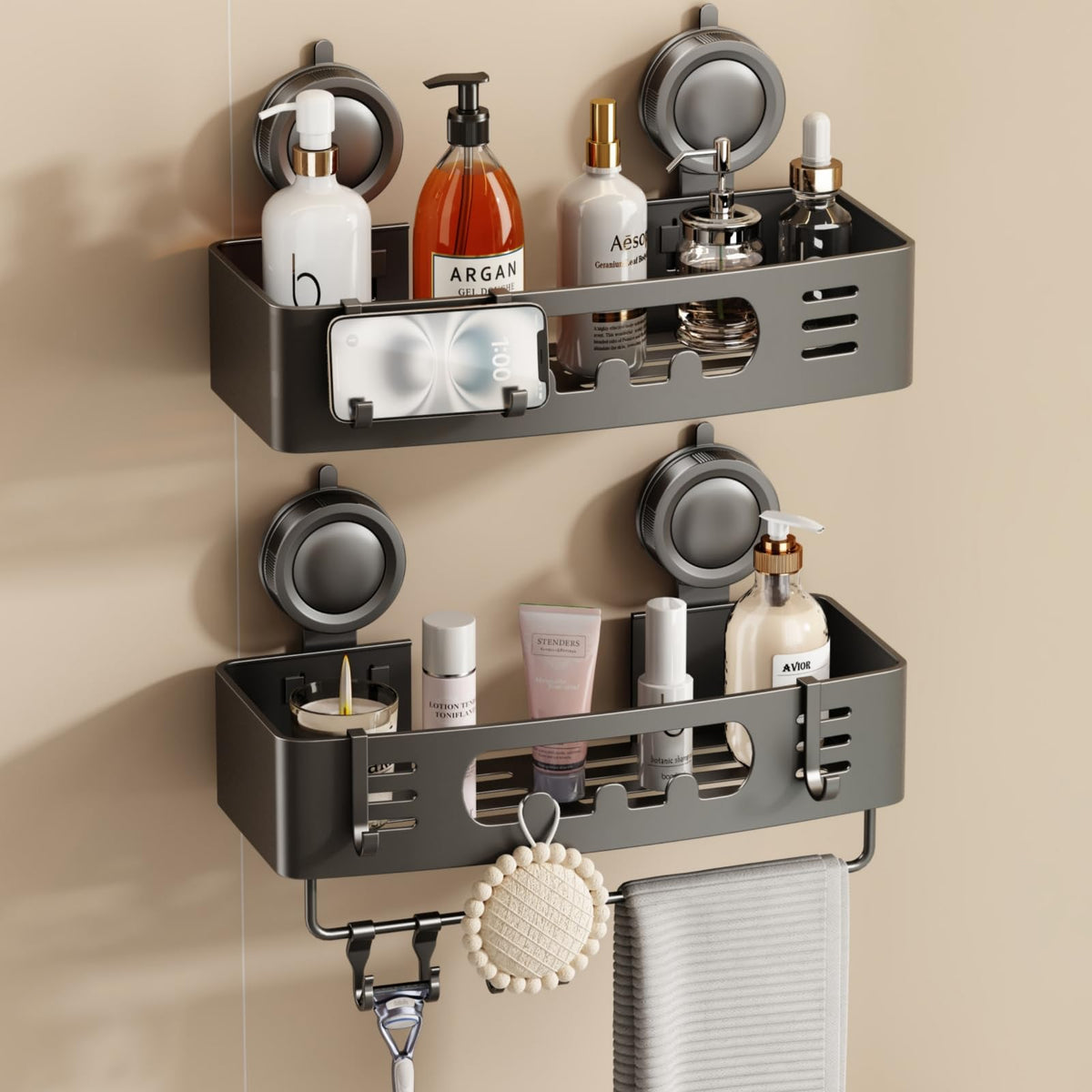 Voldra Corner Shower Caddy Suction Cup, Aluminum Corner Shower Shelves for Wall No Drilling, Large Suction Cup Shower Organizer with Towel Bar & Hooks Removable Bathroom Storage(2 Pack-Cream White)