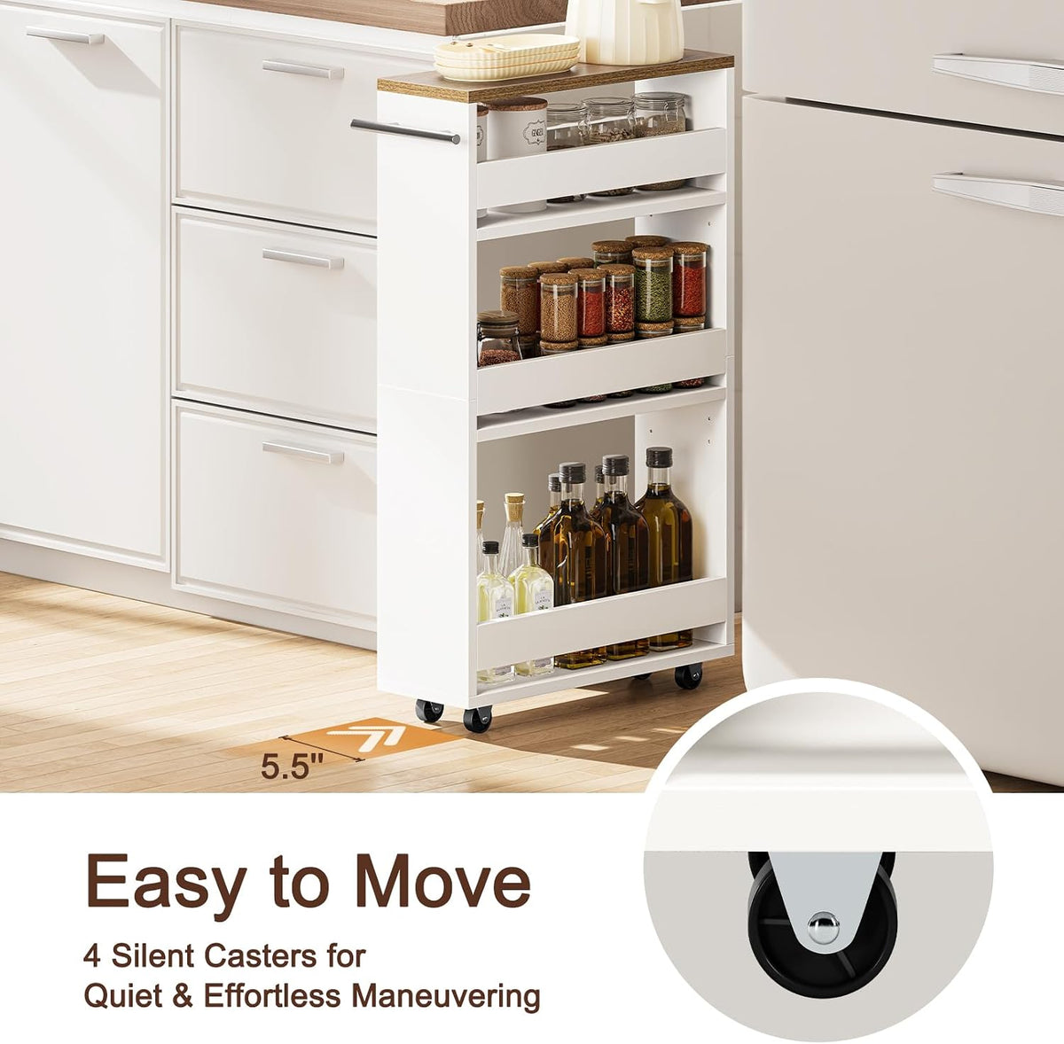 Yoobure 4-Tier Slim Storage Cart - Narrow Rolling Cart on Wheels, Slide Out Utility Carts with Adjustable Shelves, Organizer Trolley with Handle & Flip Top for Kitchen, Bathroom, Laundry, Small Spaces