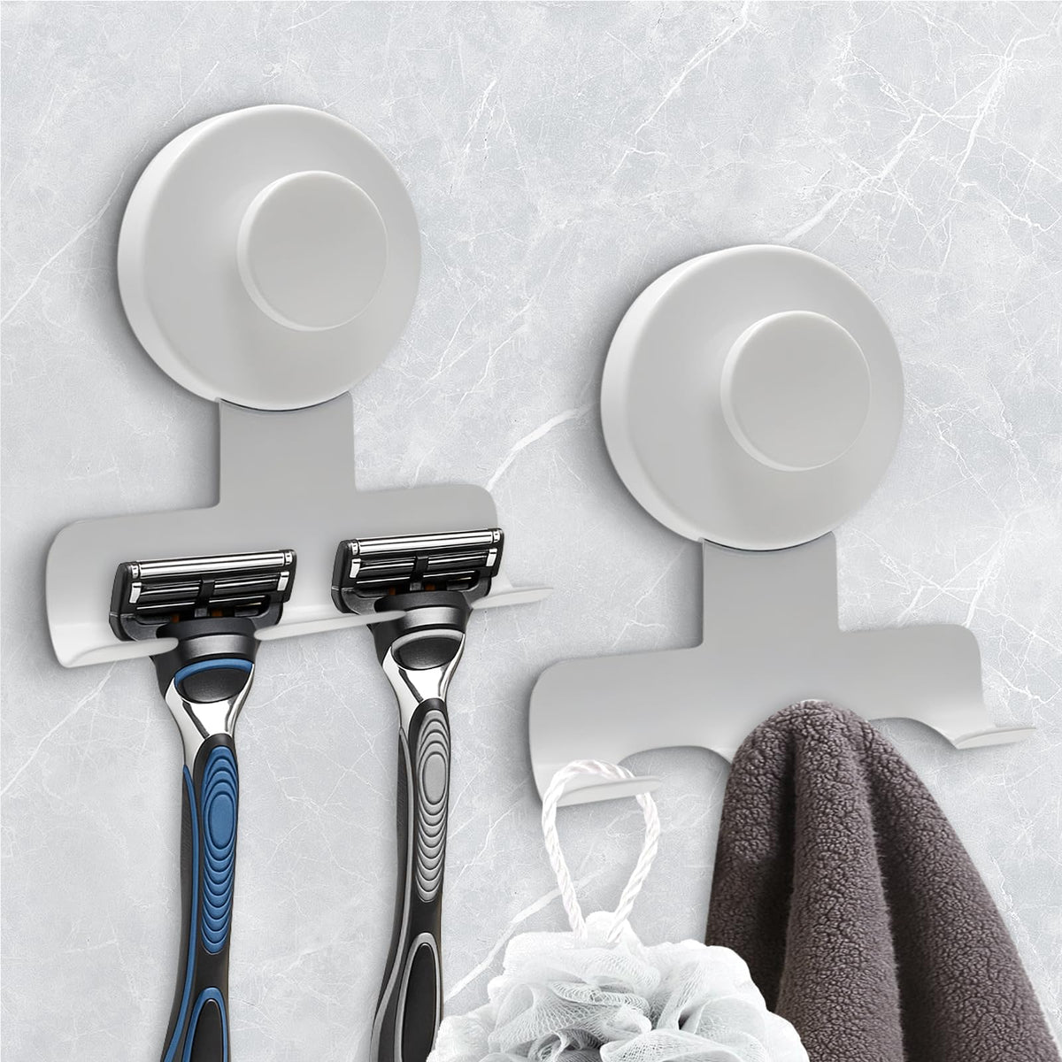 Suction Cup Razor Holder for Shower,Heavy-Duty 7KG Suction Hooks for Razor,Towel,Loofah,Removable Damage-Free Metal Shower Hook,Shaver Holder,2 Pack(Brushed Silver)