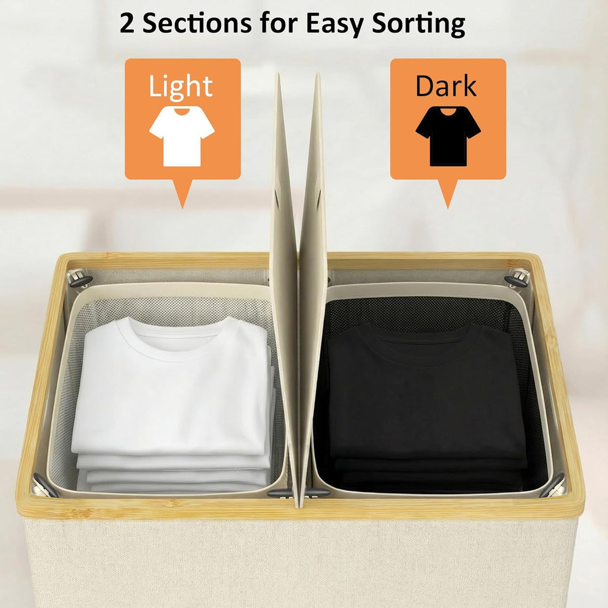 efluky Double Laundry Hamper with Lid and 2 Removable Bags, Beige