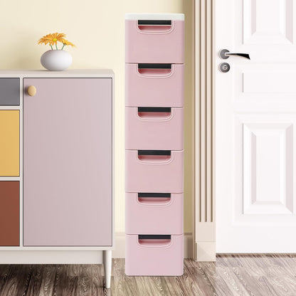6 Drawers Narrow Slim Plastic Storage Cabinet,Storage Drawer with Wheels,6 Tier Drawers Dresser,Rolling Narrow Cabinet for Small Spaces Bathroom Kitchen Living Room,Pink