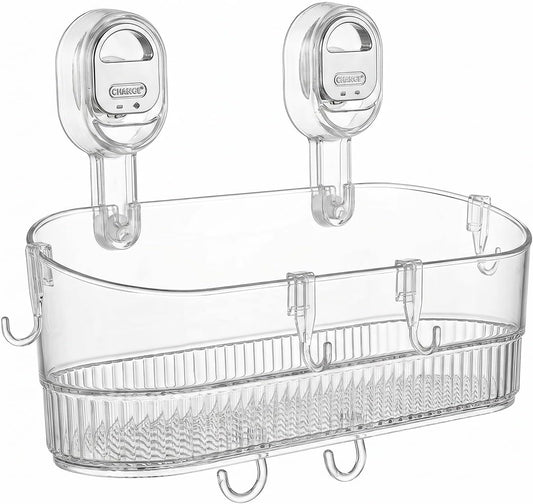 AVOKIHI Suction Cup Shower Caddy with 6 Hooks, No Drill Shower Shelf