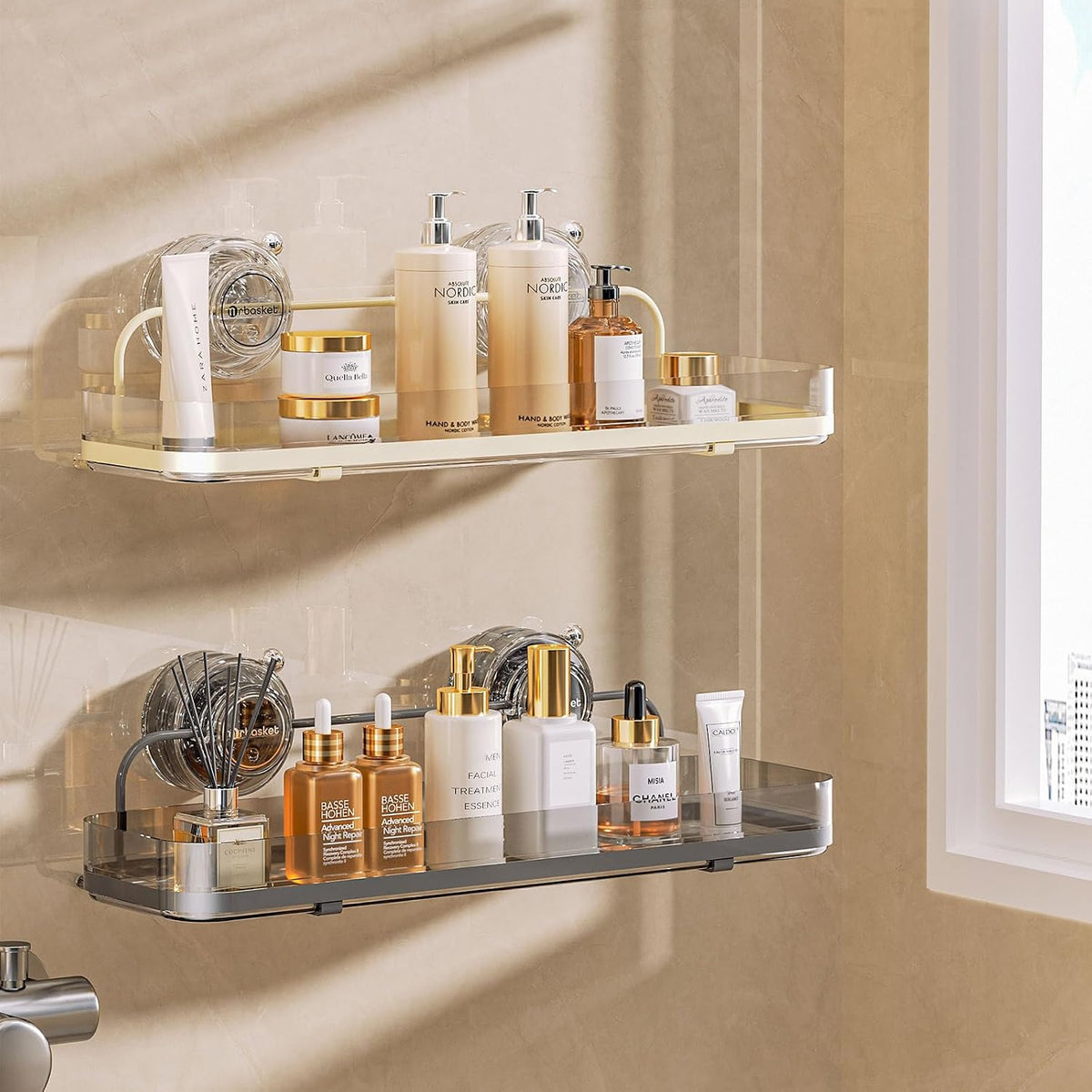 Suction Cup Shower Caddy, Wall Mounted No Drilling Bathroom Shower Organizers Storage Rack, Removable Shelves for Inside the Shower, Clear