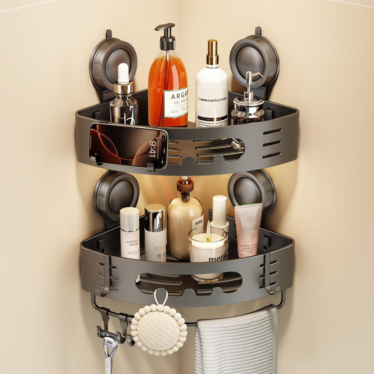 Voldra Corner Shower Caddy Suction Cup, Aluminum Corner Shower Shelves for Wall No Drilling, Large Suction Cup Shower Organizer with Towel Bar & Hooks Removable Bathroom Storage(2 Pack-Cream White)