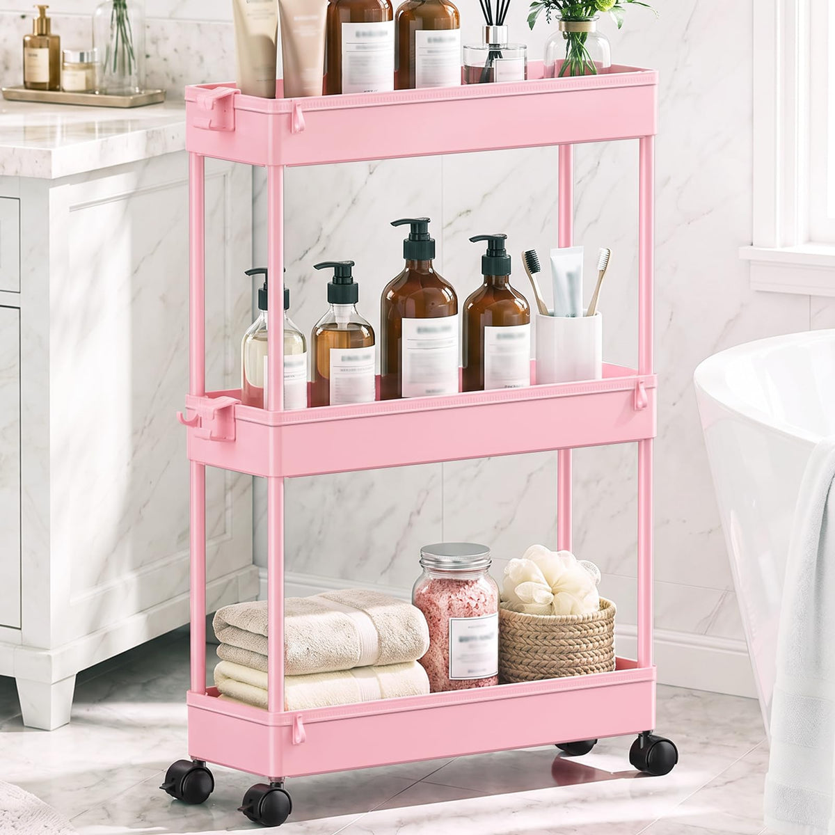 SPACEKEEPER Slim Rolling Storage Cart, 3 Tier Bathroom Cart Organizer,White