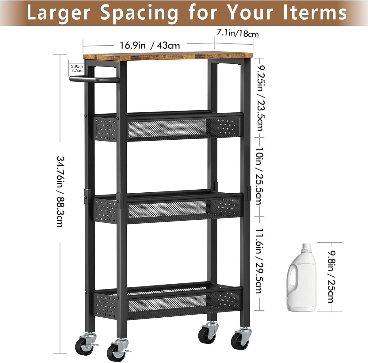 Slim Storage Cart with Wheels, 4 Tier Metal Rolling Organizer with Wood Top and Handle, Narrow Utility Shelf for Kitchen Bathroom Laundry Room, Black