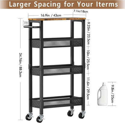 Slim Storage Cart with Wheels, 4 Tier Metal Rolling Organizer with Wood Top and Handle, Narrow Utility Shelf for Kitchen Bathroom Laundry Room, Black