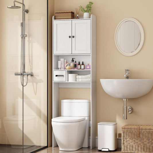 Over the Toilet Storage Cabinet, Tall Slim Bathroom Organizer with Doors, Adjustable Shelves & Built-in Toilet Paper Holder, Space-Saving Above Toilet Cabinet for Small Bathrooms(White)