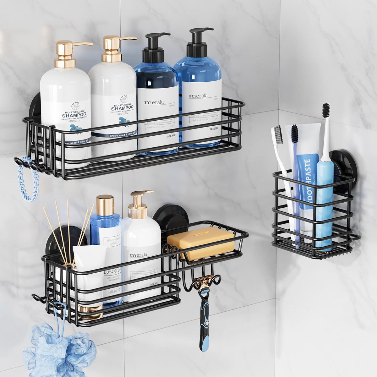TAILI Shower Caddy Suction Cup 2 Pack with Hooks & Soap Holder, Heavy Duty Shower Organizer for Bathroom, No Drilling Bathroom Organizer with Large Capacity, Metal Storage Holder-Grey