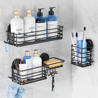 TAILI Shower Caddy Suction Cup 2 Pack with Hooks & Soap Holder, Heavy Duty Shower Organizer for Bathroom, No Drilling Bathroom Organizer with Large Capacity, Metal Storage Holder-Grey