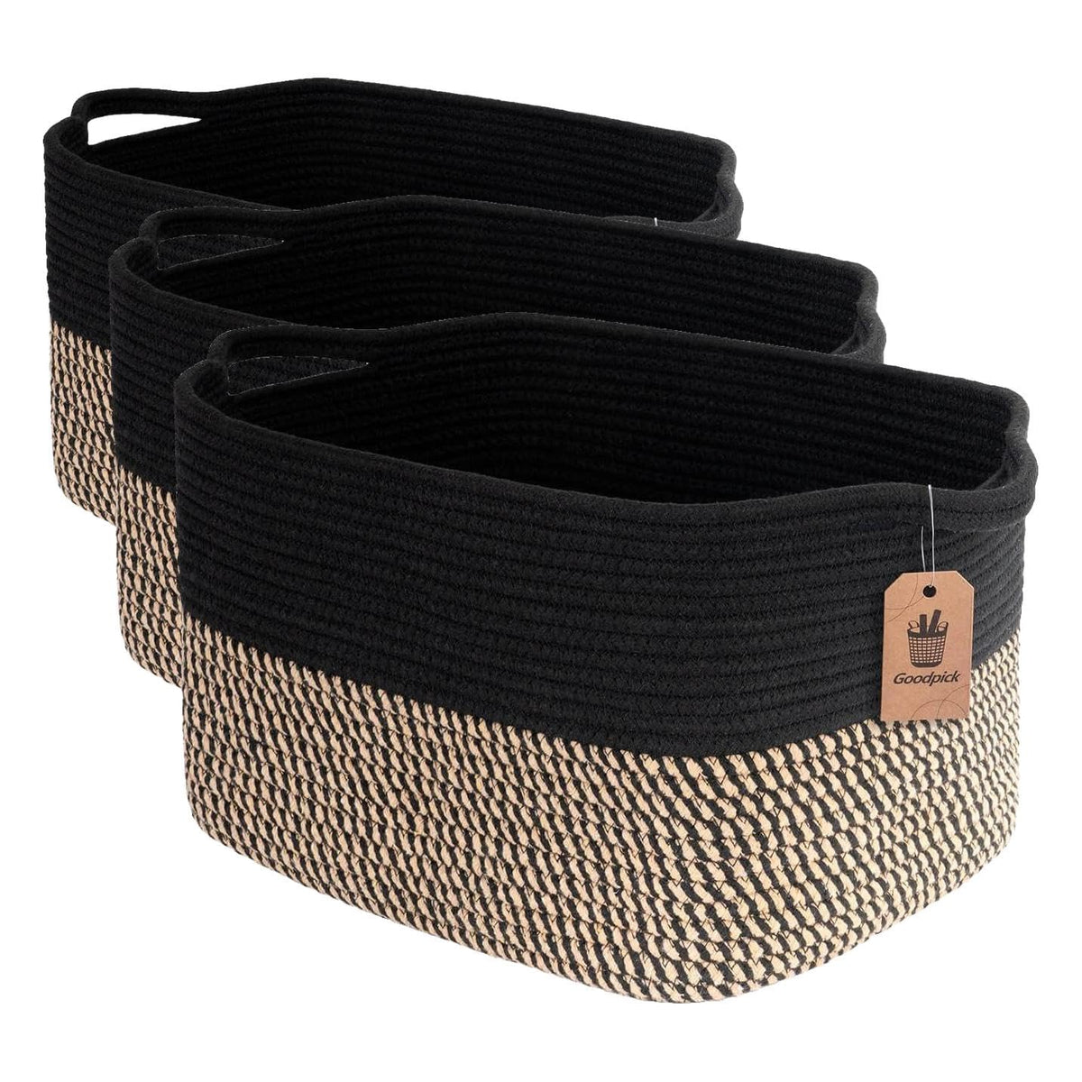 Goodpick Woven Storage Basket for Shelves, 13" x 10" x 9", Black Jute