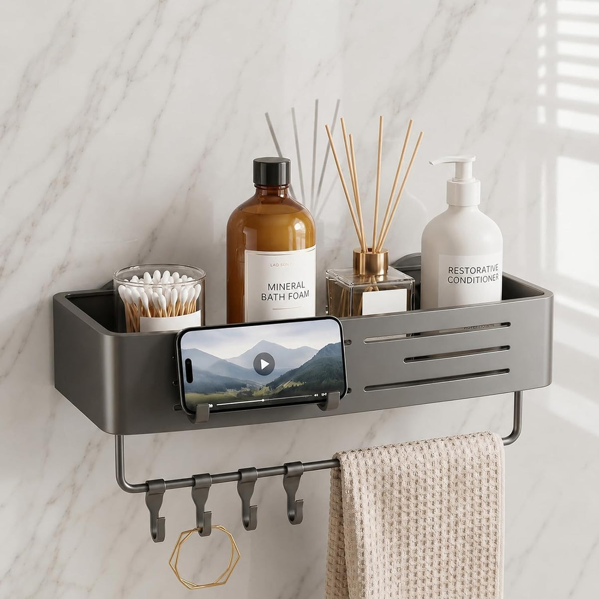 2 PCS Corner Shower Caddy Suction Cup with Hooks, No-Drilling (Gray)