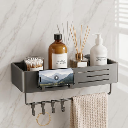 2 PCS Corner Shower Caddy Suction Cup with Hooks, No-Drilling (Gray)