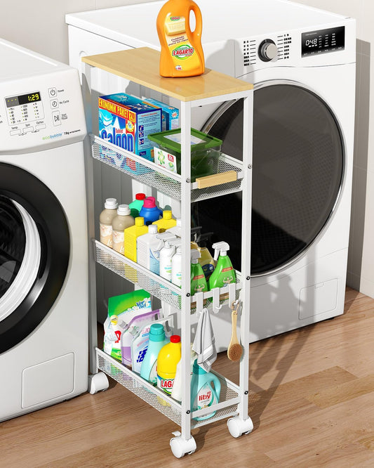 4-Tier Slim Utility Rolling Laundry Cart with Wheels, White
