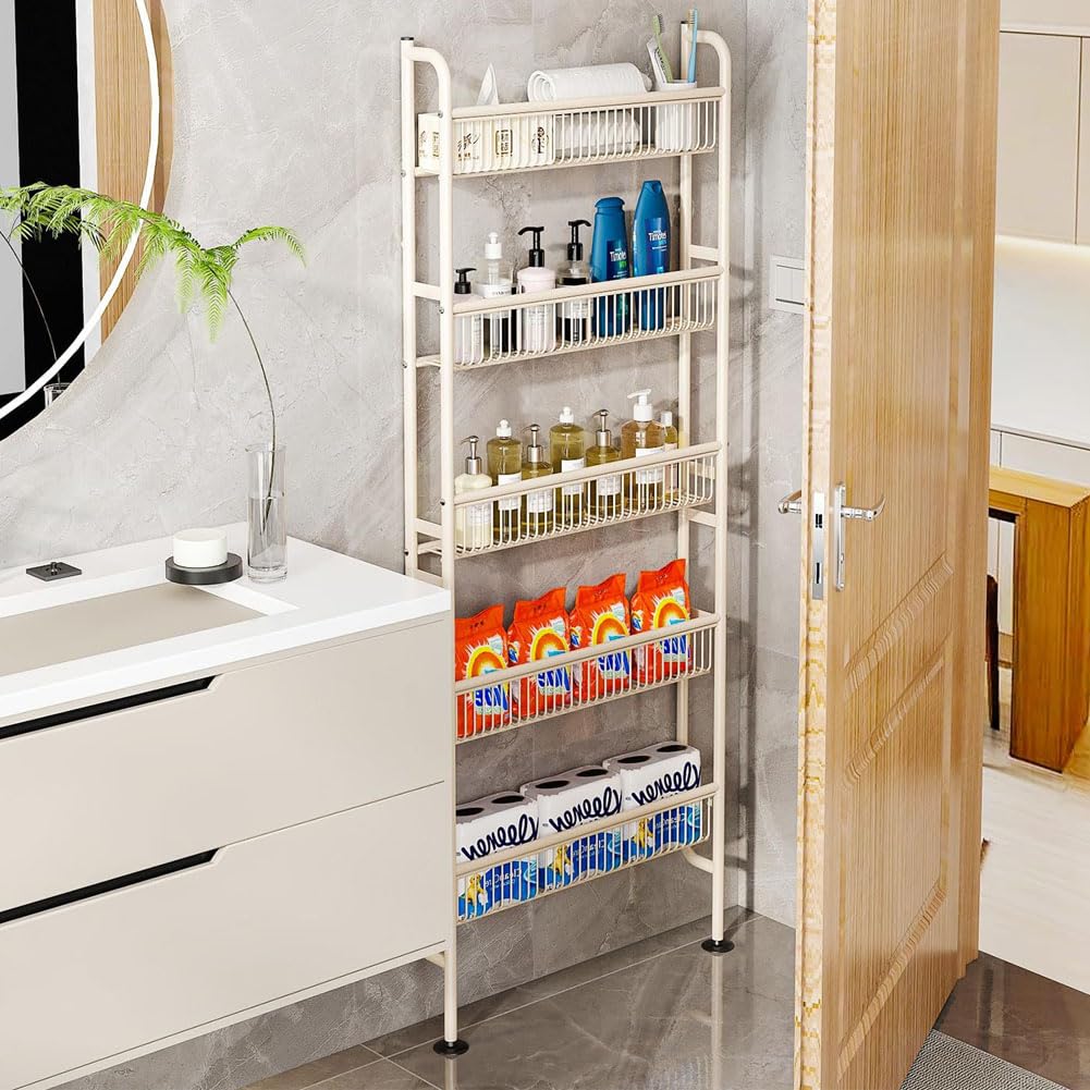 Behind The Door Storage Shelf, Narrow 5-Tier, White