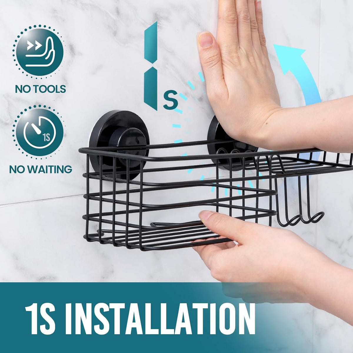 TAILI Shower Caddy Suction Cup with Hooks and Soap holder, Black
