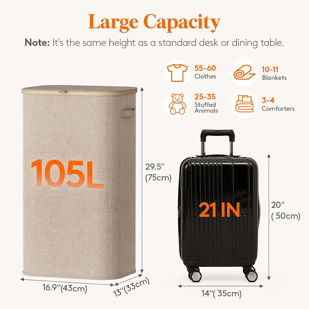 Lifewit 105L Large Laundry Hamper with Lid, Removable Inner Bag, Beige