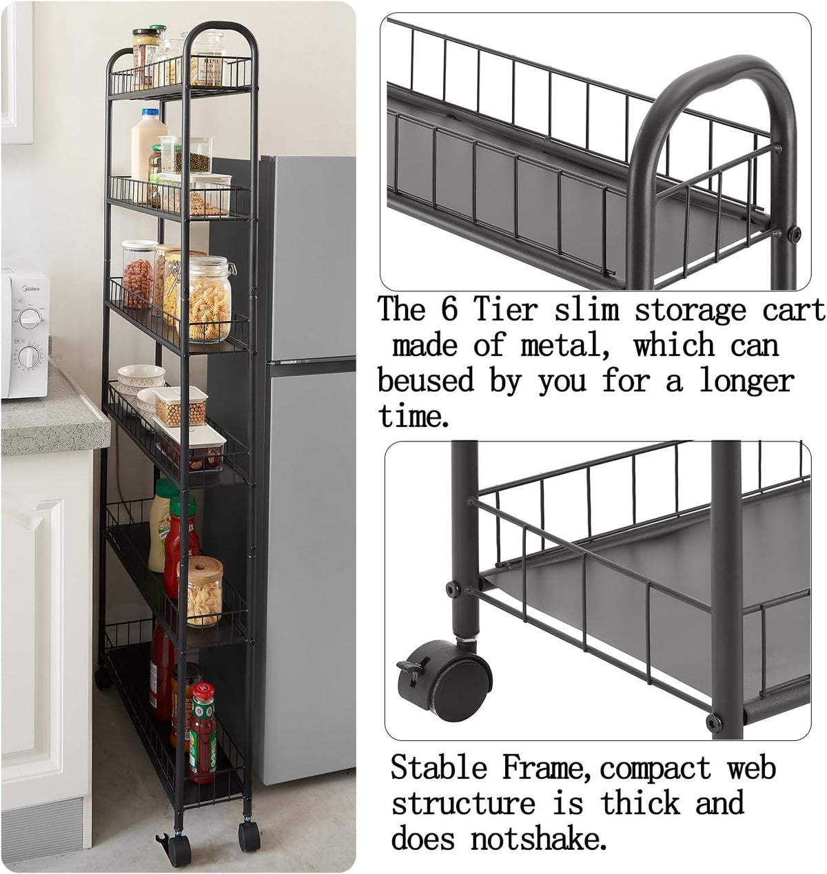 6in 6 Tier Slim Rolling Storage Cart,Mobile Shelving Unit with Wheels