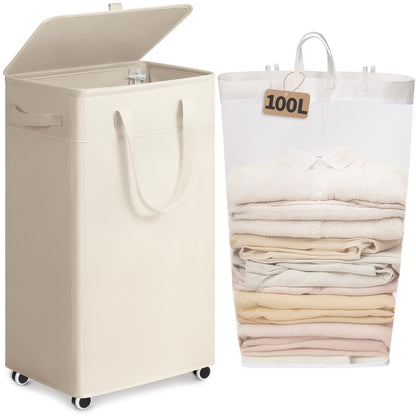 Goodpick 75L Rolling Laundry Basket with Wheels and Lid, Grey