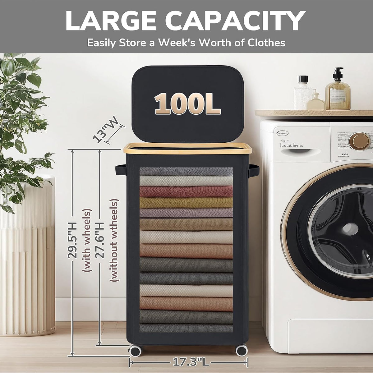 Goodpick 100L Large Rolling Laundry Basket with Wheels and Lid, Black