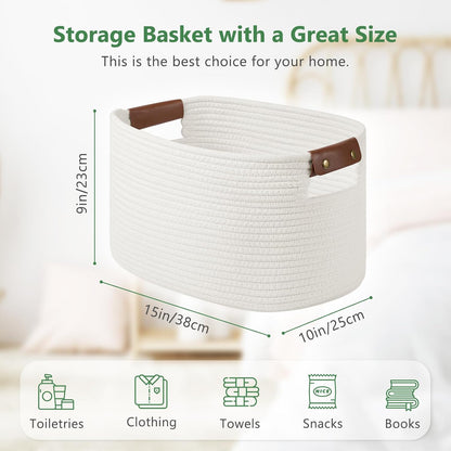 ECDYQXVU 15x10x9 Woven Cotton Rope Storage Basket, Leather Handles 1 Pack