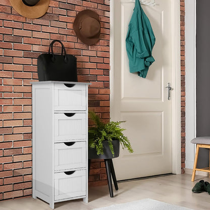 Bonnlo Skinny Bathroom Floor Storage Cabinet,White 12 Inch Wide Deep Small Storage Organizer with 4 Drawers, Wooden Modern Thin Free Standing Tower Cabinet w/ 4 Cute Drawers for Bathroom, Living Room