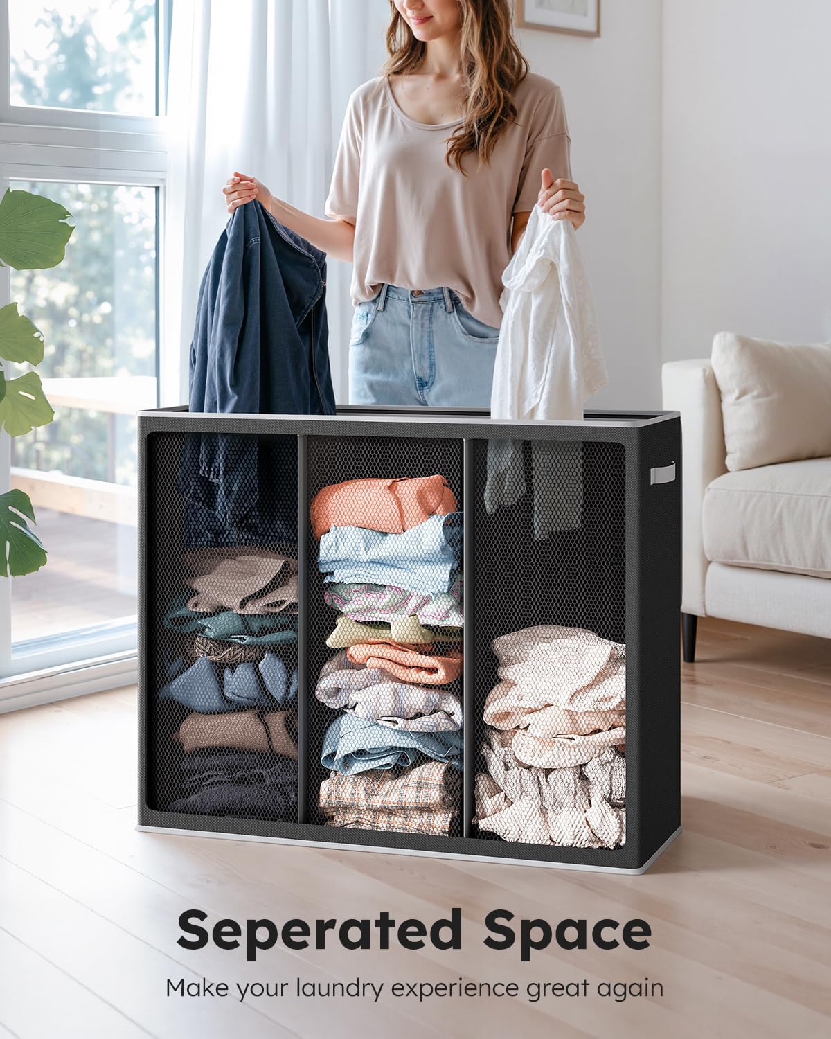 SOLEDI Large Laundry hamper 3 Section with Laundry Bag, XL Clothes Basket