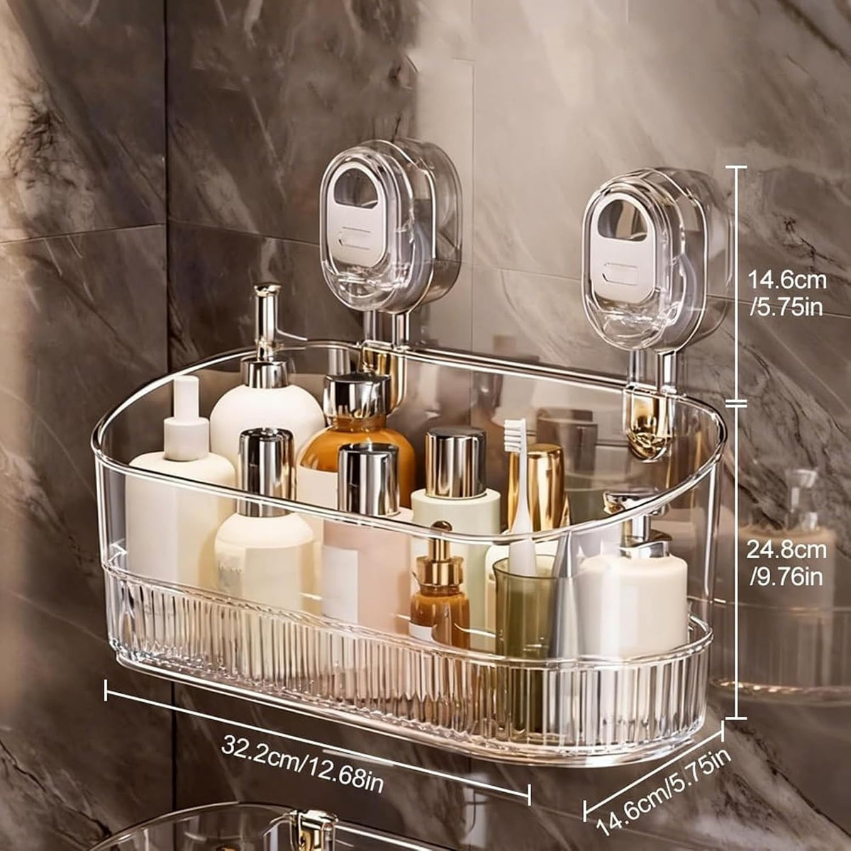 2026 New No-Drill Bathroom Suction Storage Box, Large Capacity Strong Load-Bearing Suction Cup Storage Rack with Drain Holes, Multi Functional Wall-Mounted Organizer for Home Bathroom (1, White)