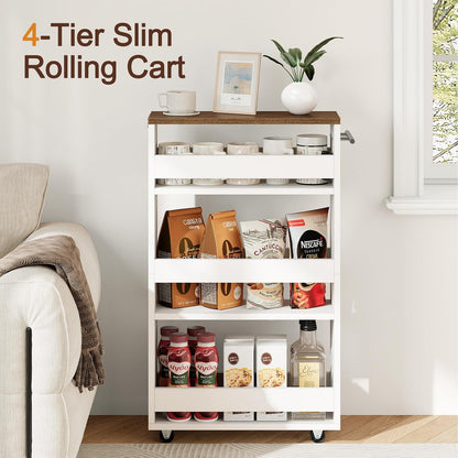 Yoobure 4-Tier Slim Storage Cart - Narrow Rolling Cart on Wheels, Slide Out Utility Carts with Adjustable Shelves, Organizer Trolley with Handle & Flip Top for Kitchen, Bathroom, Laundry, Small Spaces